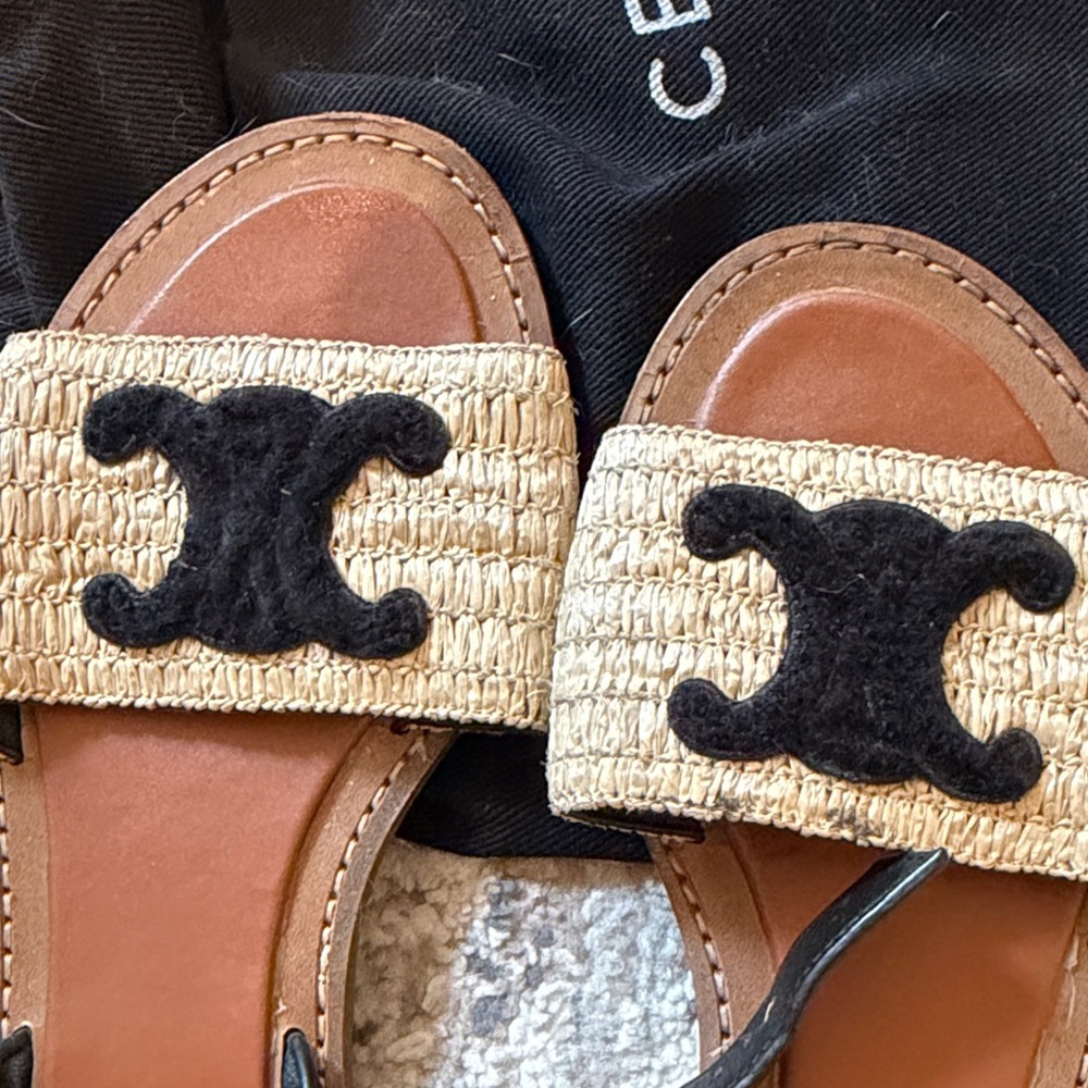 Celine Black Leather & Natural Raffia Slide Sandals - Picture 3 of 4